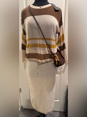 Bundle Stripped Lightweight Knit Top, Knit skirt, Suede Bag and Necklace